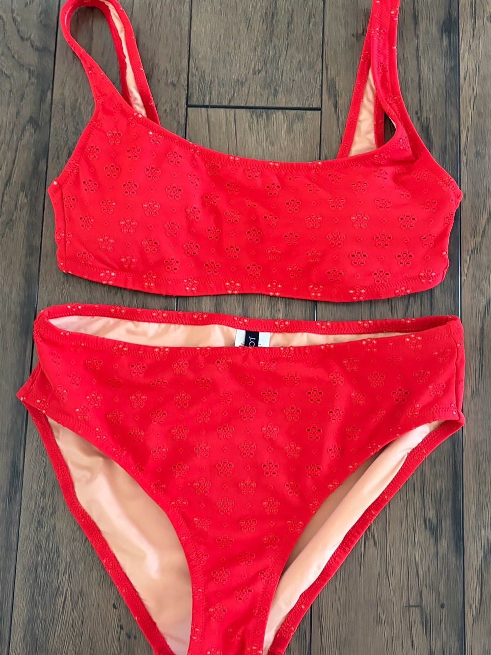 J. Crew Red Eyelet Scoop Bikini Top and High Waist Bottoms - Picture 2 of 3